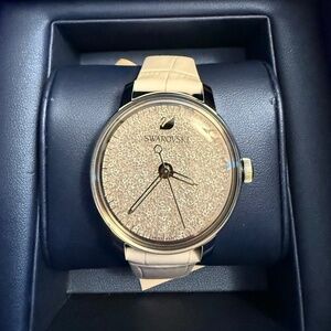 Swarovski Crystalline Hours Silver Dial White Leather Strap Women's Watch - NWT